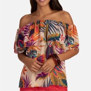 Trina Turk Cream Floral Off-Shoulder Ruffle Top